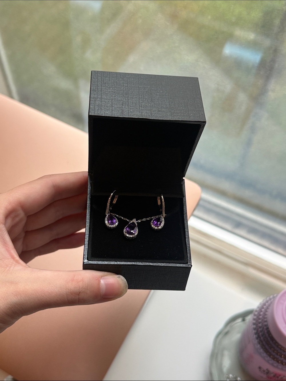 Zales Sterling Silver Necklace and Earrings Set with Purple Stones